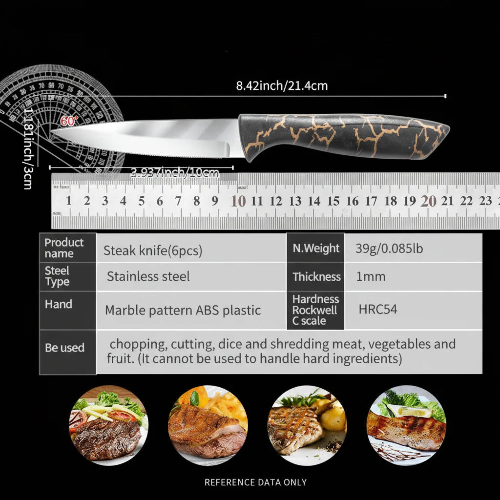 6-Piece 3Cr13 Stainless Steel Steak Knife Set with Marble-Pattern Handles