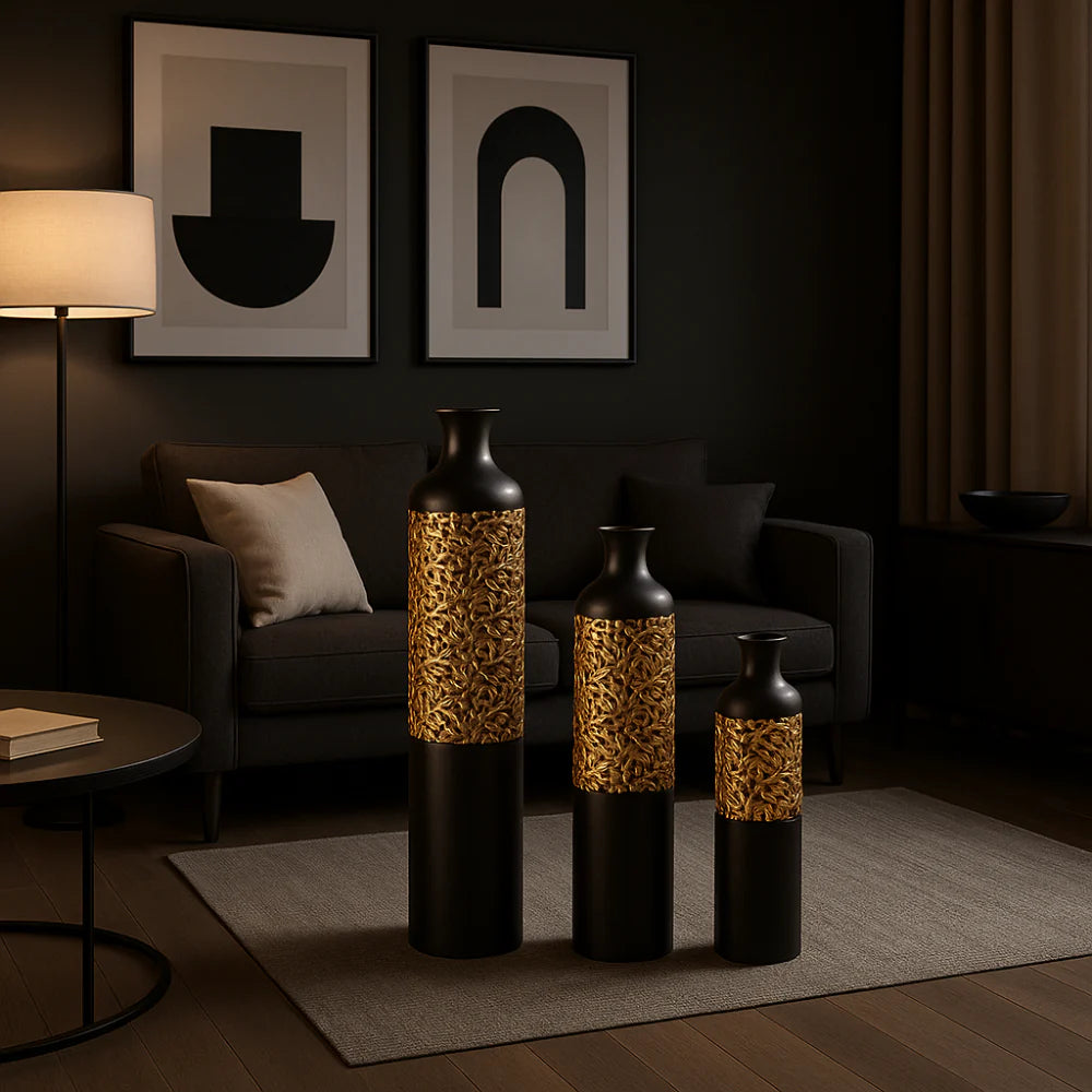 Luxury Black Metal Vase Set of 3 Large Glazed Home Decor Vases for Floor Display
