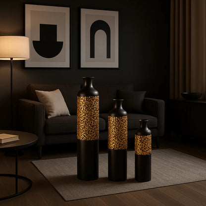 Luxury Black Metal Vase Set of 3 Large Glazed Home Decor Vases for Floor Display