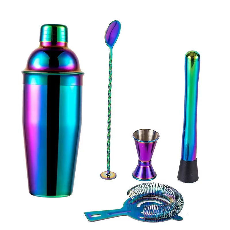 5Pcs Stainless Steel Cocktail Shaker Bar Set,Rainbow Boston Shaker Bartender Kit Mixed Drink Shaker Wine Martini Party Bar Tools