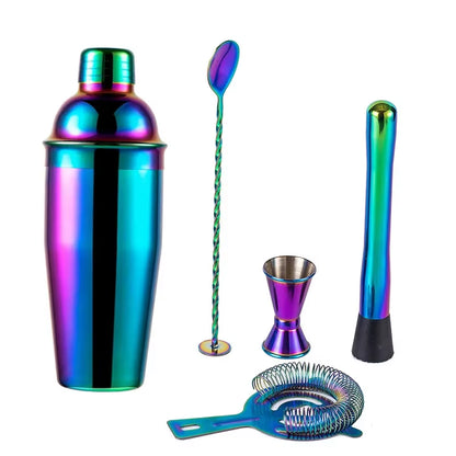 5Pcs Stainless Steel Cocktail Shaker Bar Set,Rainbow Boston Shaker Bartender Kit Mixed Drink Shaker Wine Martini Party Bar Tools