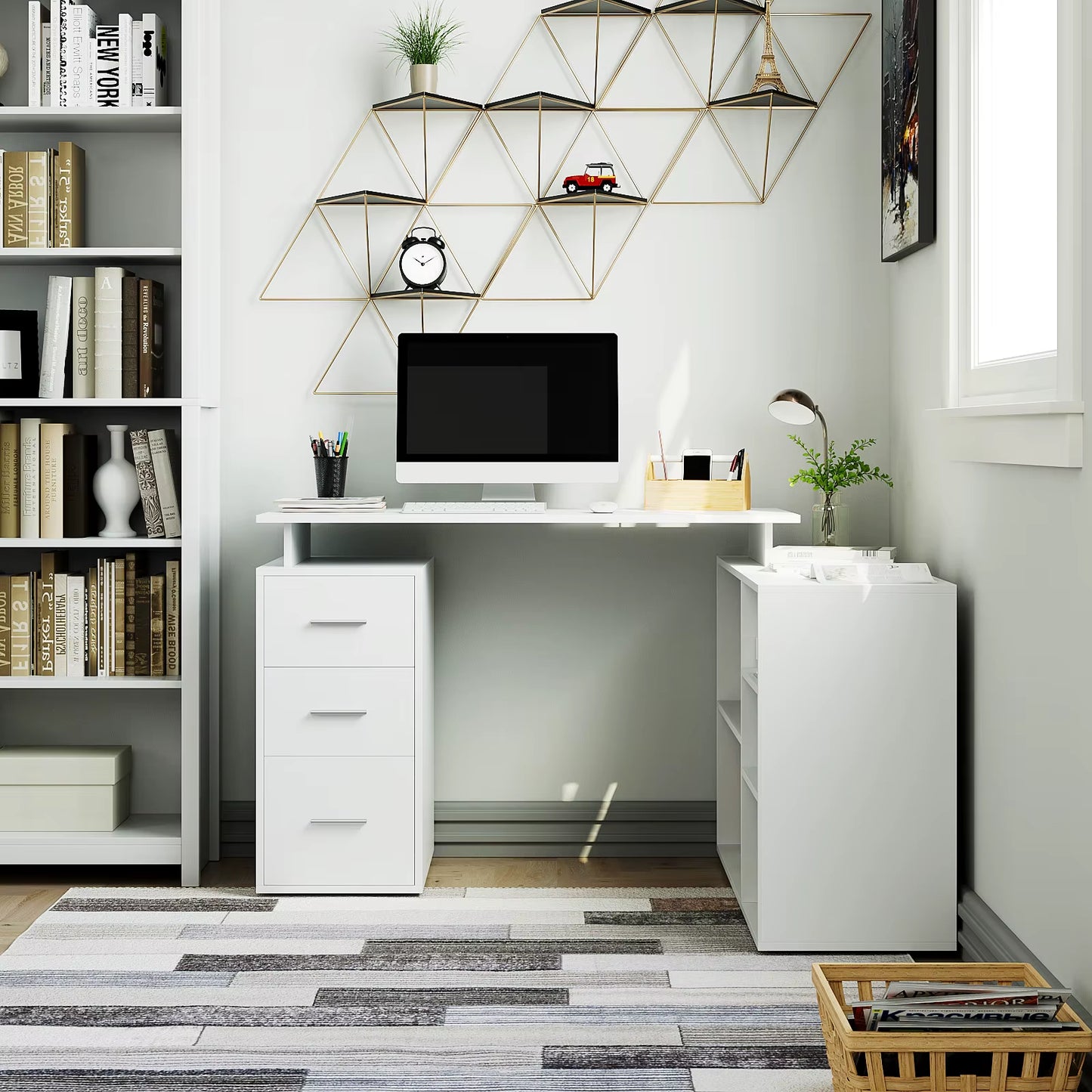 Desk Corner Desk L-Shaped Desk with Drawers and Shelves for Study Office Home Office 129X104X