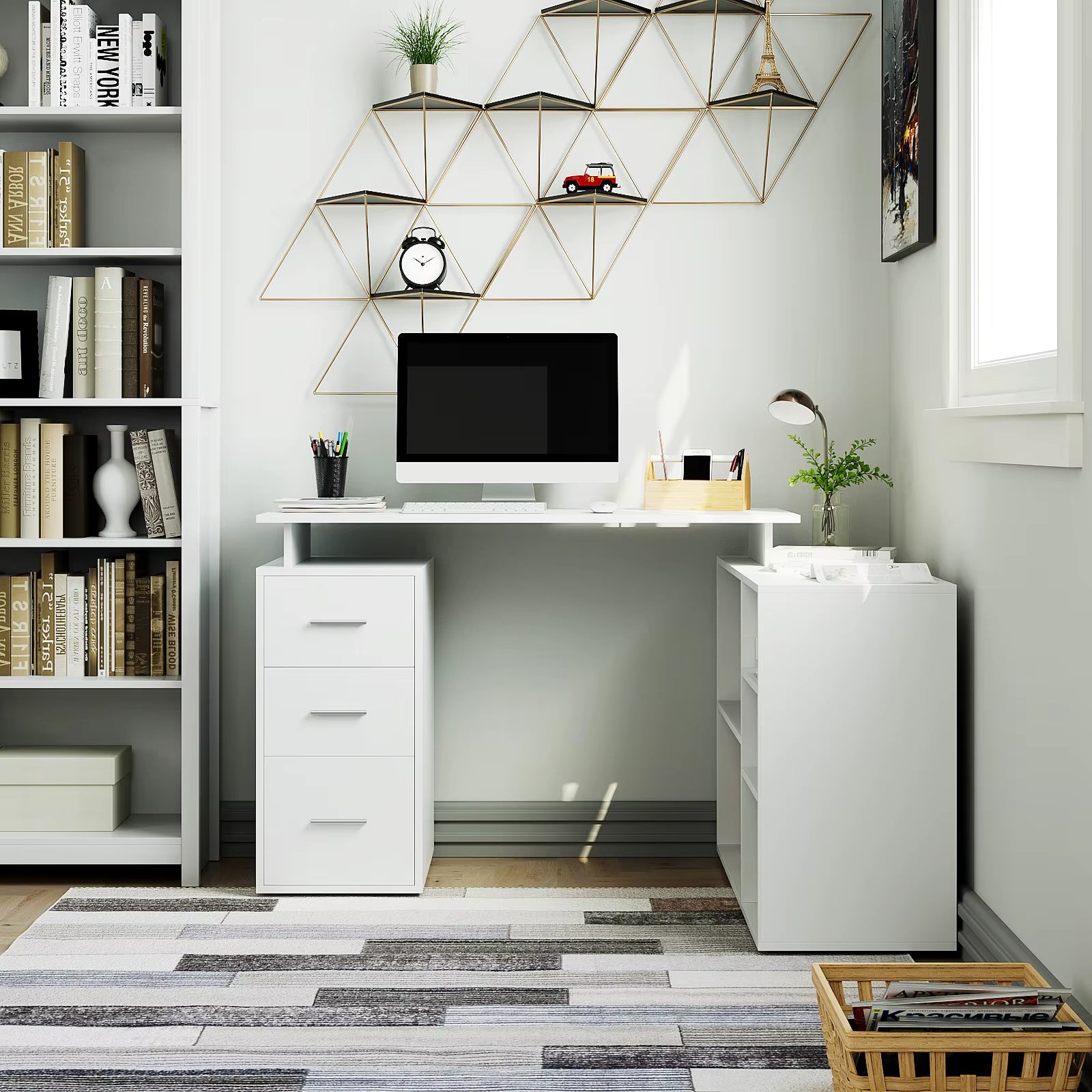 Desk Corner Desk L-Shaped Desk with Drawers and Shelves for Study Office Home Office 129X104X