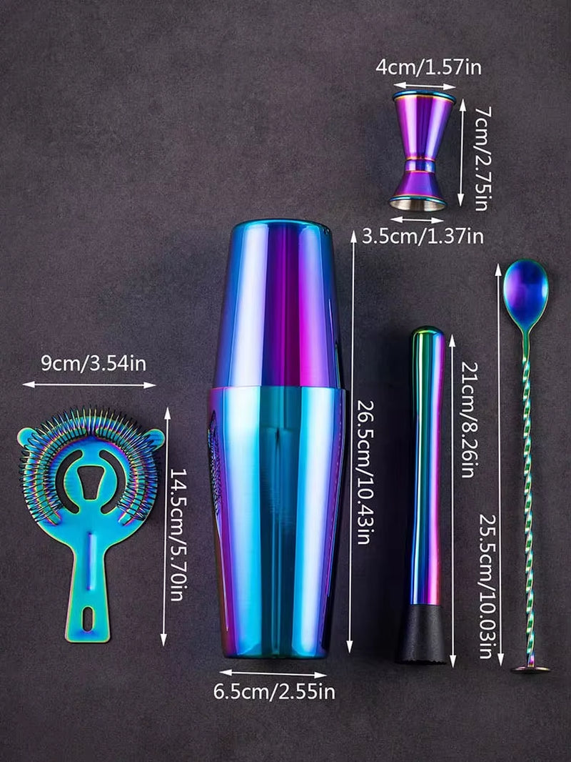 5Pcs Stainless Steel Cocktail Shaker Bar Set,Rainbow Boston Shaker Bartender Kit Mixed Drink Shaker Wine Martini Party Bar Tools