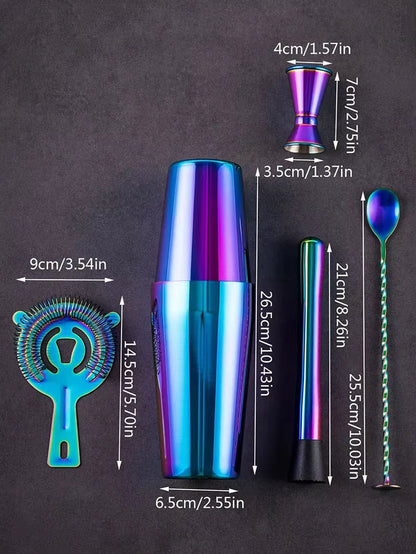 5Pcs Stainless Steel Cocktail Shaker Bar Set,Rainbow Boston Shaker Bartender Kit Mixed Drink Shaker Wine Martini Party Bar Tools