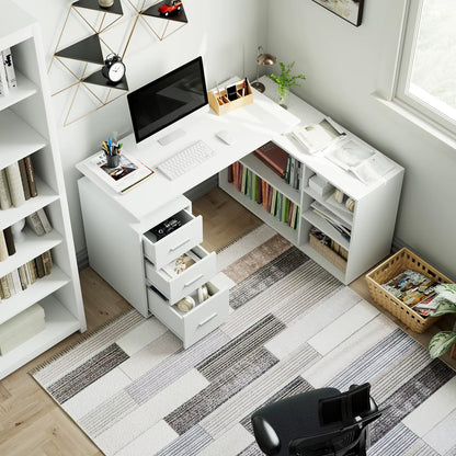 Desk Corner Desk L-Shaped Desk with Drawers and Shelves for Study Office Home Office 129X104X