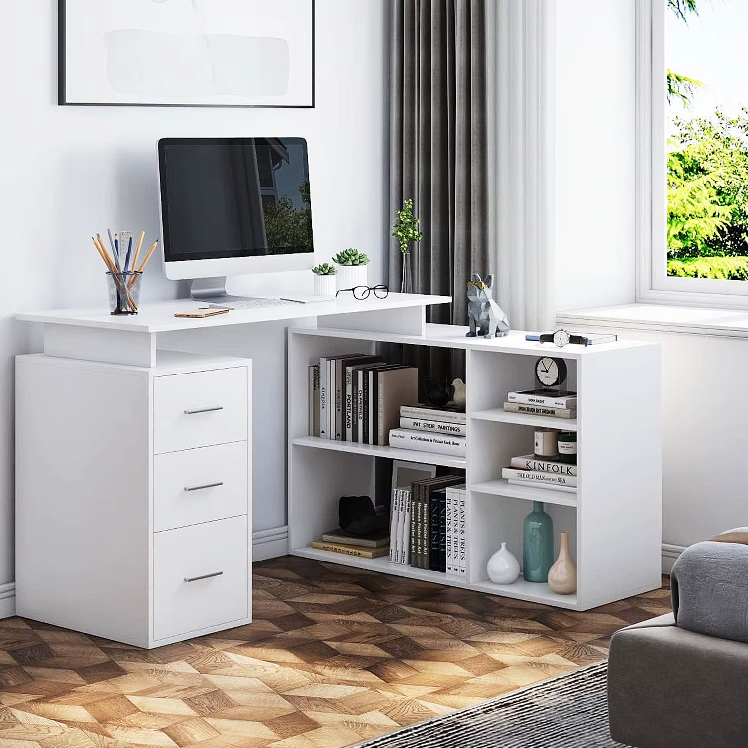 Desk Corner Desk L-Shaped Desk with Drawers and Shelves for Study Office Home Office 129X104X