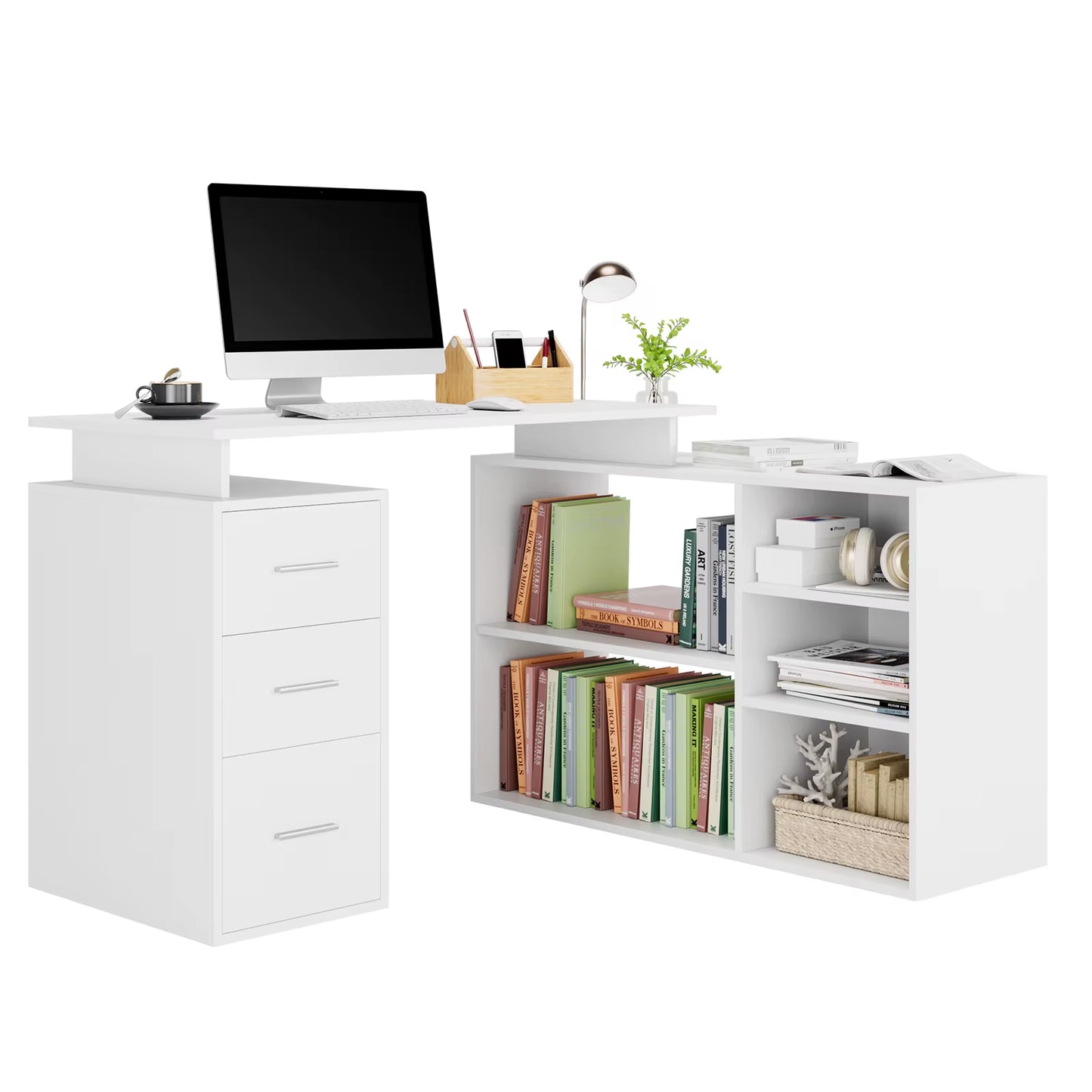 Desk Corner Desk L-Shaped Desk with Drawers and Shelves for Study Office Home Office 129X104X