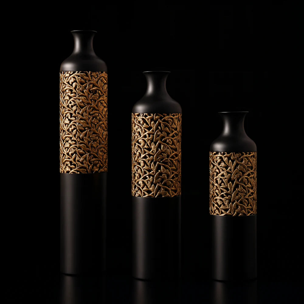 Luxury Black Metal Vase Set of 3 Large Glazed Home Decor Vases for Floor Display