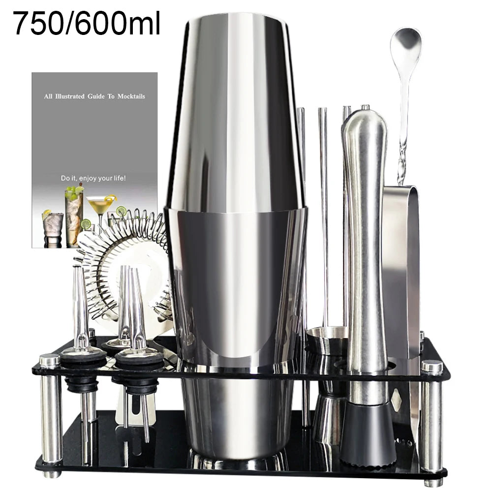 13-22Pcs 750Ml 600Ml Boston Cocktail Shaker Bar Tools Wine Mixer Set Bartender Cocktail Shaker Tool Kit with Holder