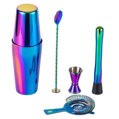 5Pcs Stainless Steel Cocktail Shaker Bar Set,Rainbow Boston Shaker Bartender Kit Mixed Drink Shaker Wine Martini Party Bar Tools