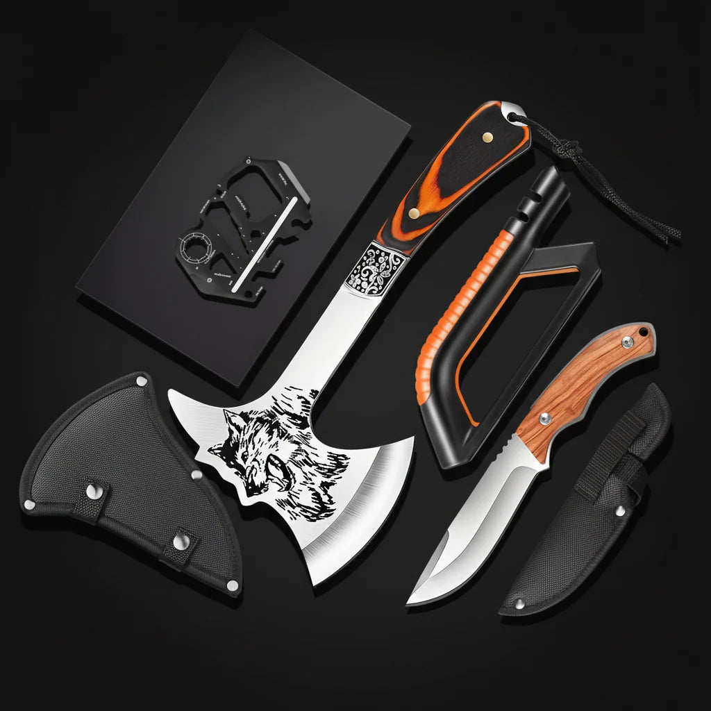 Outdoor Tactical Axe Multi-Functional Camping Tool | Solid Wood Handle Hatchet | Non-Slip Survival Axe for Camping, BBQ & Hiking