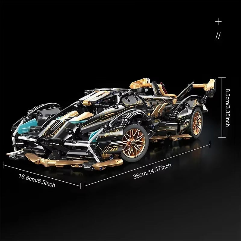 2026 Black V12 Block Roadster RC Tech Racer 1:14DIY Roadster Building Block Assembly Block Car Toy Birthday Gift （1280 Granule）