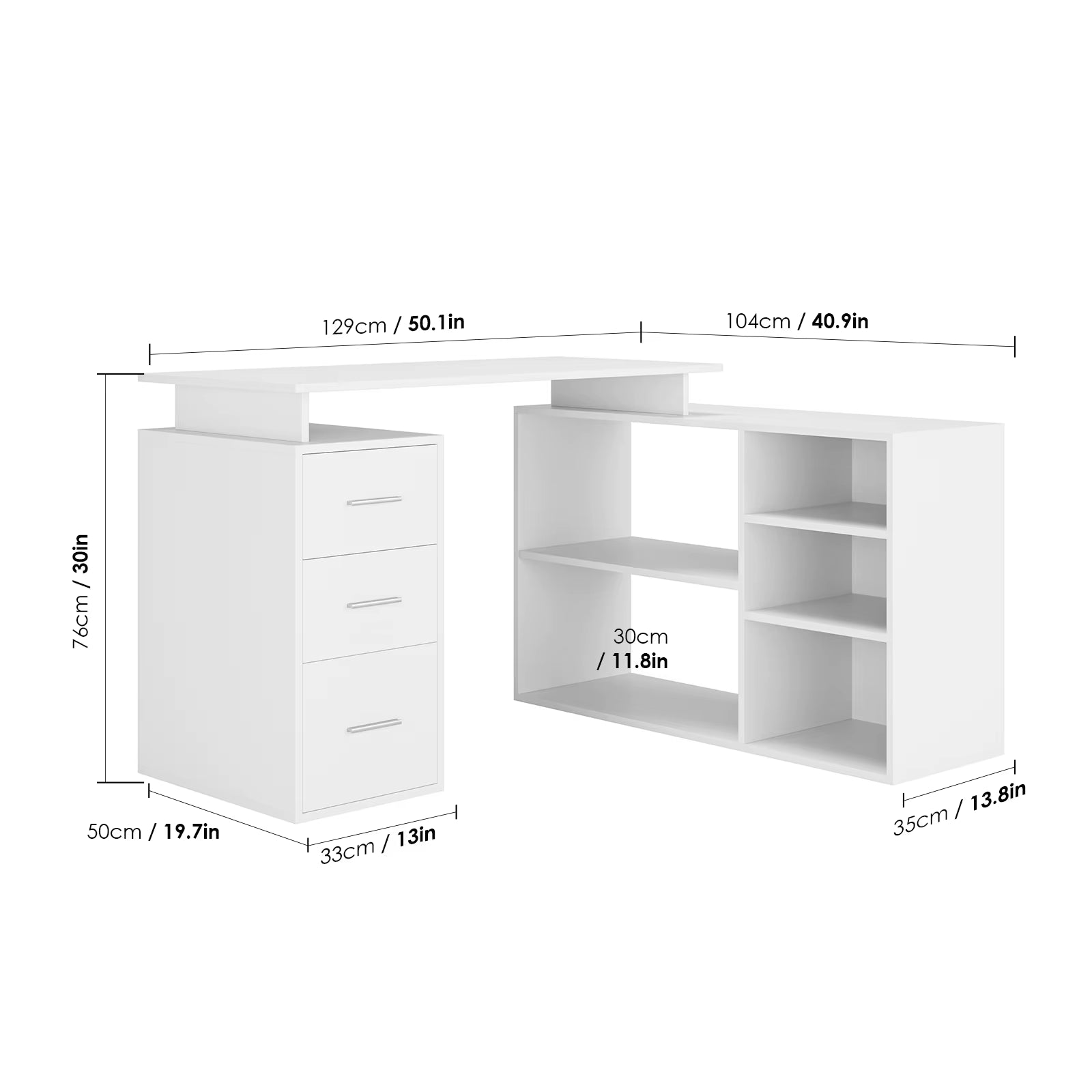 Desk Corner Desk L-Shaped Desk with Drawers and Shelves for Study Office Home Office 129X104X