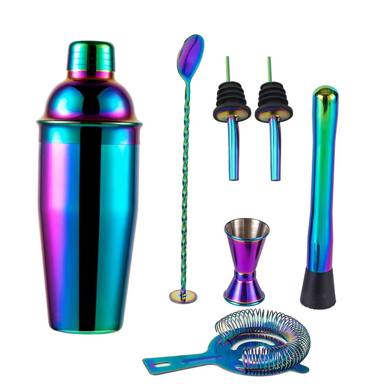 5Pcs Stainless Steel Cocktail Shaker Bar Set,Rainbow Boston Shaker Bartender Kit Mixed Drink Shaker Wine Martini Party Bar Tools