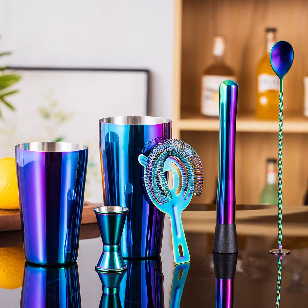 5Pcs Stainless Steel Cocktail Shaker Bar Set,Rainbow Boston Shaker Bartender Kit Mixed Drink Shaker Wine Martini Party Bar Tools